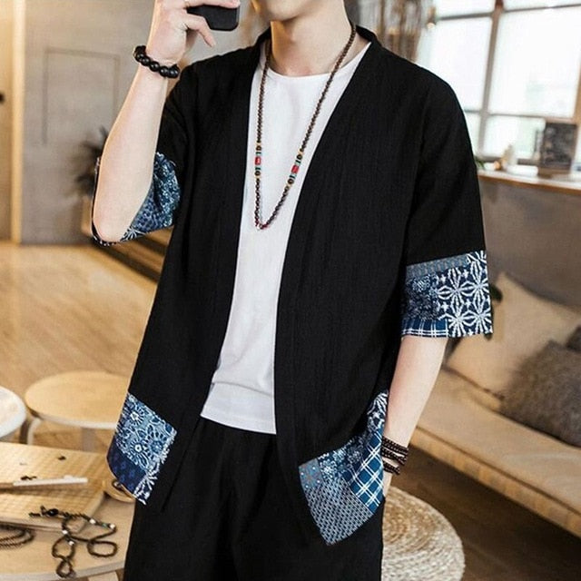 Japan Style Autumn Coat Men's Coat Cardigan Half Sleeve Open Stitch Floral Loose Patchwork Outwear Hombre Shirt Camisa Fashion