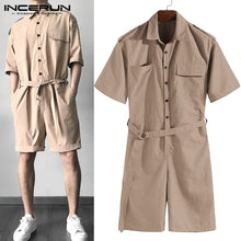 Load image into Gallery viewer, Brand Overalls One Piece Jumpsuit Cowboy Men Rompers Half Sleeve Casual Solid Belt Waist Men Cargo Set Shorts Coverall Playsuit