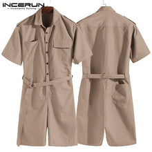 Load image into Gallery viewer, Brand Overalls One Piece Jumpsuit Cowboy Men Rompers Half Sleeve Casual Solid Belt Waist Men Cargo Set Shorts Coverall Playsuit