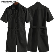Load image into Gallery viewer, Brand Overalls One Piece Jumpsuit Cowboy Men Rompers Half Sleeve Casual Solid Belt Waist Men Cargo Set Shorts Coverall Playsuit