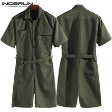 Load image into Gallery viewer, Brand Overalls One Piece Jumpsuit Cowboy Men Rompers Half Sleeve Casual Solid Belt Waist Men Cargo Set Shorts Coverall Playsuit