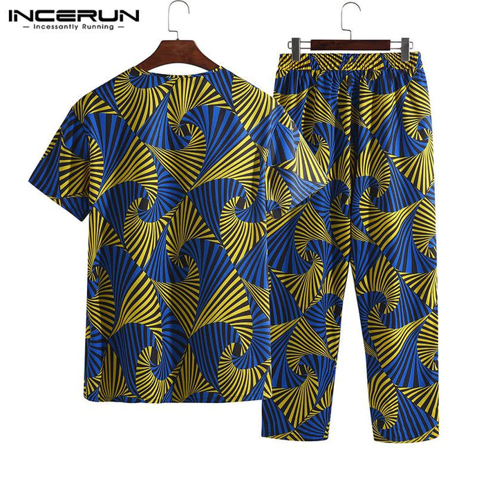 Ethnic 2019 Men African Suits INCERUN Wear Set Shirt Trousers Short Sleeve Print V Neck Tee Tops Trouser Pant Pantalon Hombre