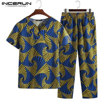 Load image into Gallery viewer, Ethnic 2019 Men African Suits INCERUN Wear Set Shirt Trousers Short Sleeve Print V Neck Tee Tops Trouser Pant Pantalon Hombre